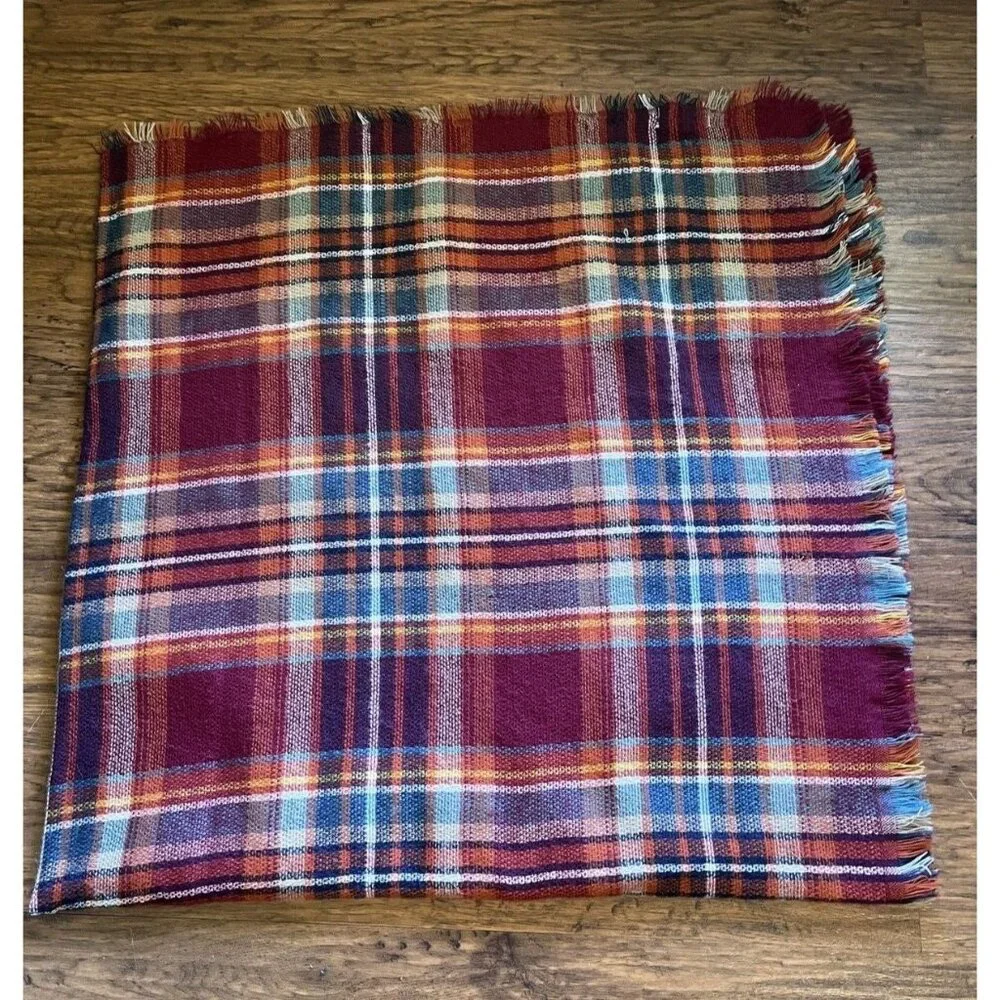 Altar'd State Super Soft Maroon Orange Teal Plaid Fringed Wrap Throw Scarf 52x52